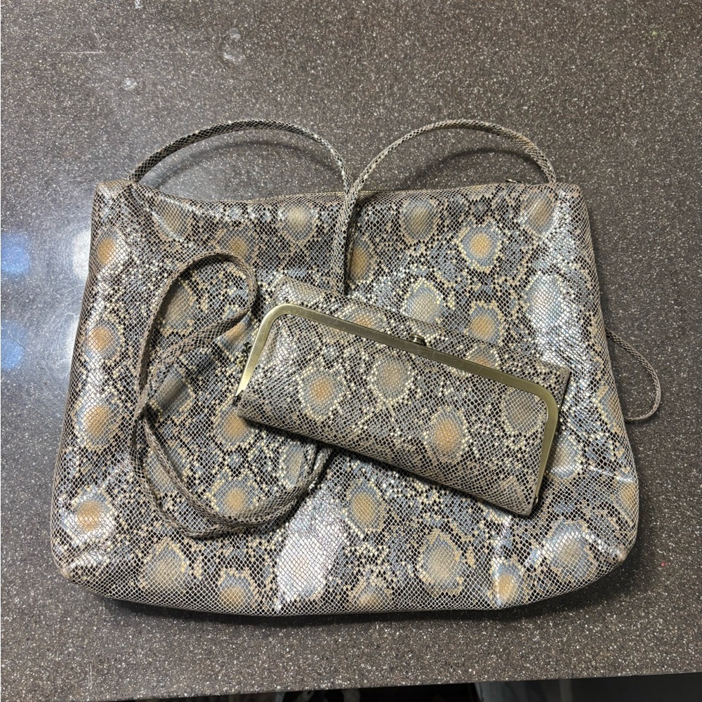 Hobo brand Ziggy Crossbody purse and Rachel Continental wallet in metallic snake